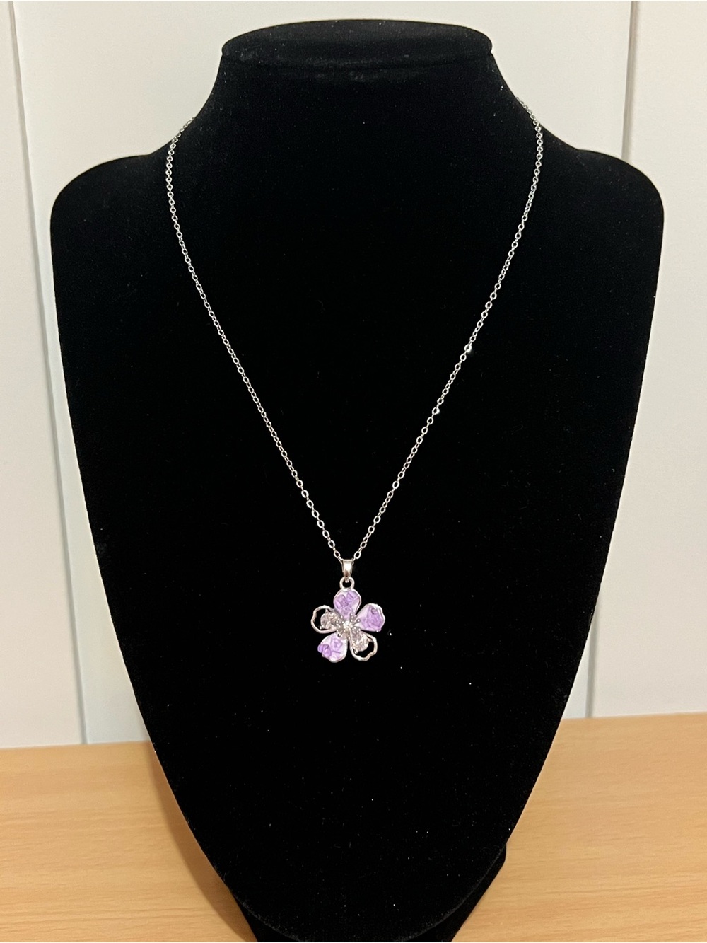 Sterling Silver Necklace with Purple Flower Pendant